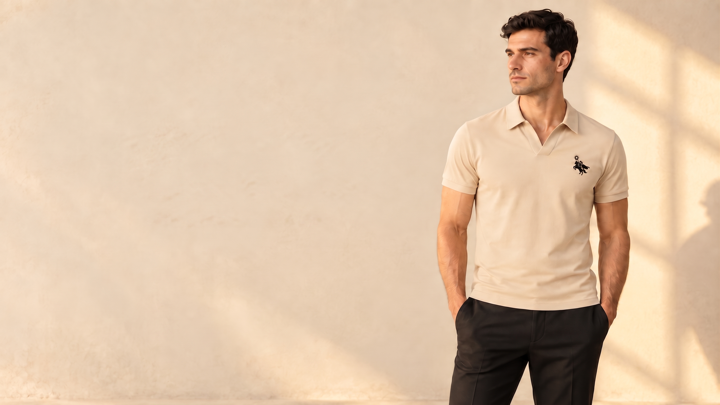 A model in a Belenos polo against a sunlit plaster wall.